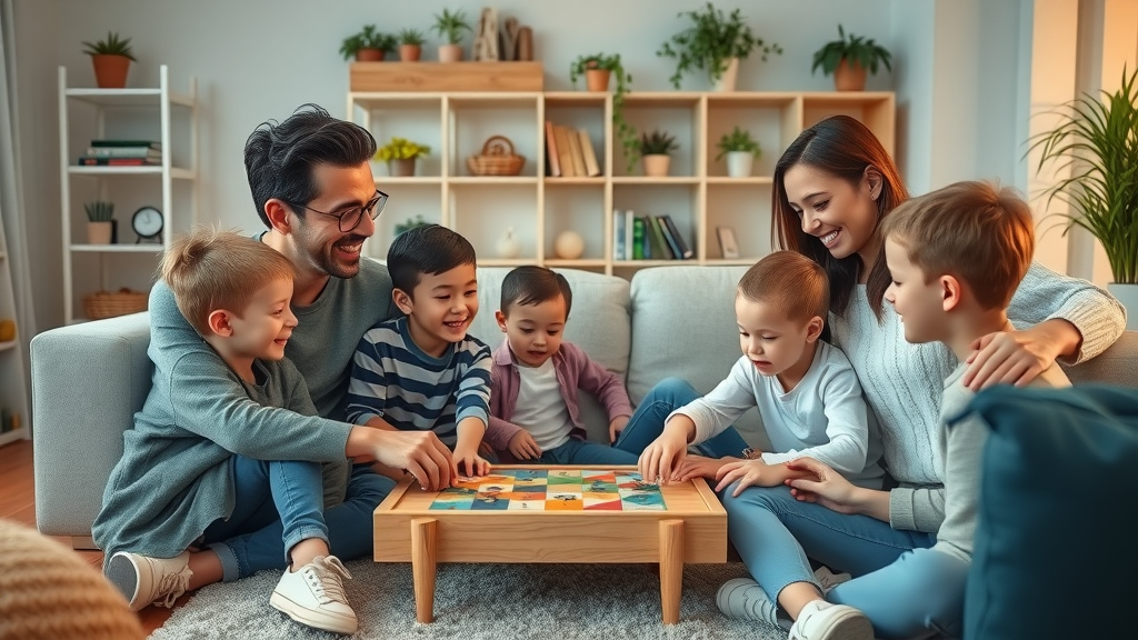 Modern family in a positive group activity demonstrating warmth and structure in authoritative parenting style