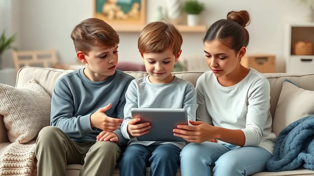 Parent mediating siblings in a calm living room, applying authoritative parenting to sibling conflict