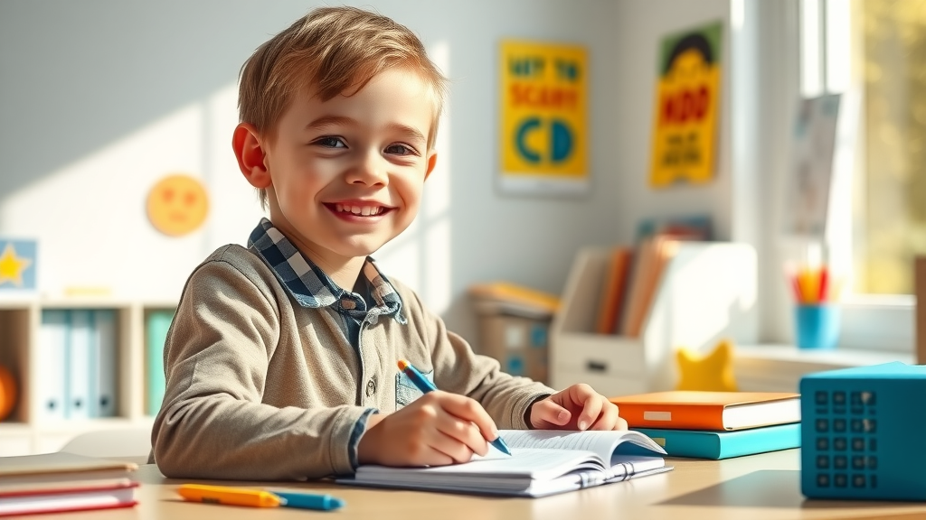 Confident school-age child succeeding academically, example of benefits of authoritative parenting