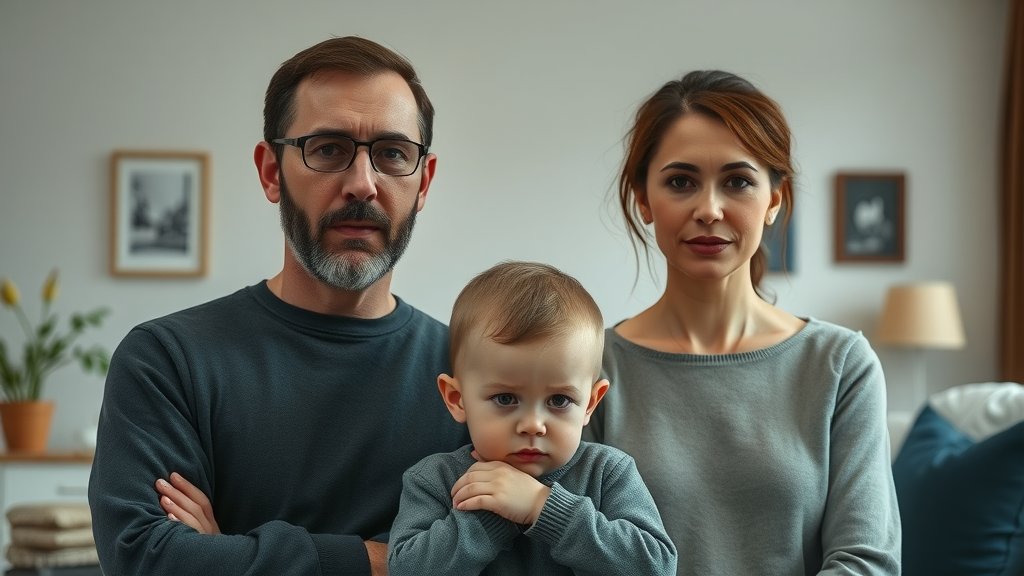 Somber family portrait depicting authoritarian parenting style: stern parents, tense child, contemporary living room