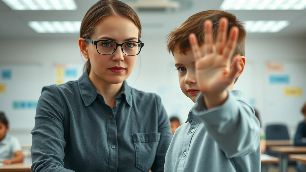 Child hesitantly raising hand in a classroom under an unreadable teacher: subtle sign of authoritarian parenting