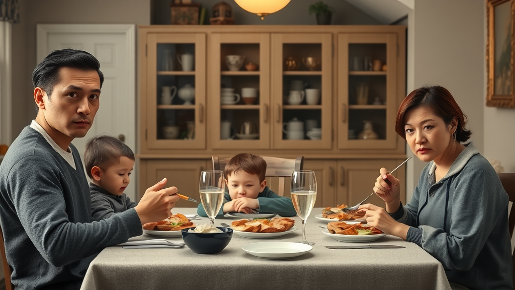 Orderly family dinner scene showing authoritarian parenting: serious parents, quiet child, minimal interaction