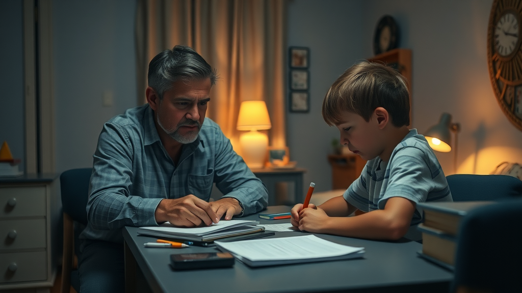 Strict parent checking homework: tense nighttime bedroom, focused parent, nervous child exemplifying authoritarian parenting