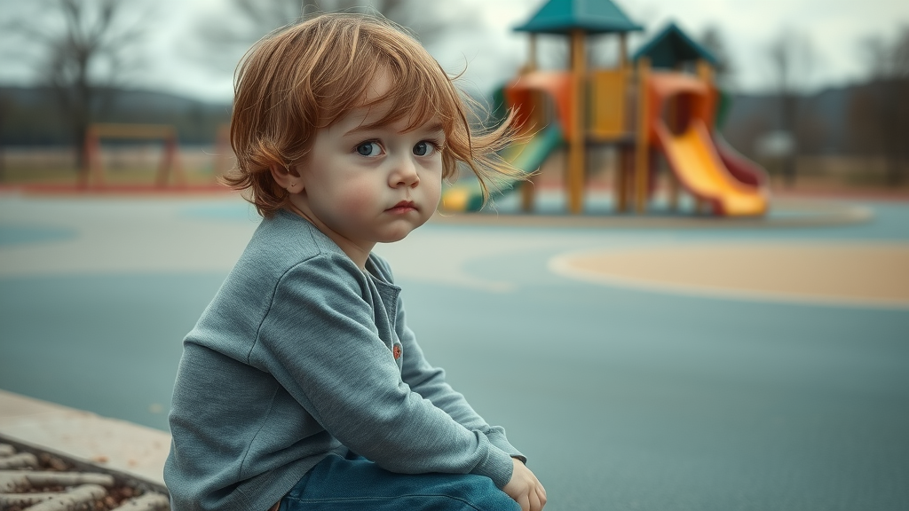 Isolated child at playground with somber expression, illustrating effects of authoritarian parenting style on emotional development