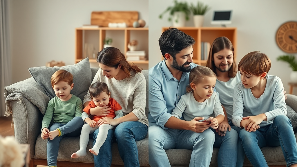 Split scene showing four families demonstrating parenting styles: authoritarian, authoritative, permissive, uninvolved