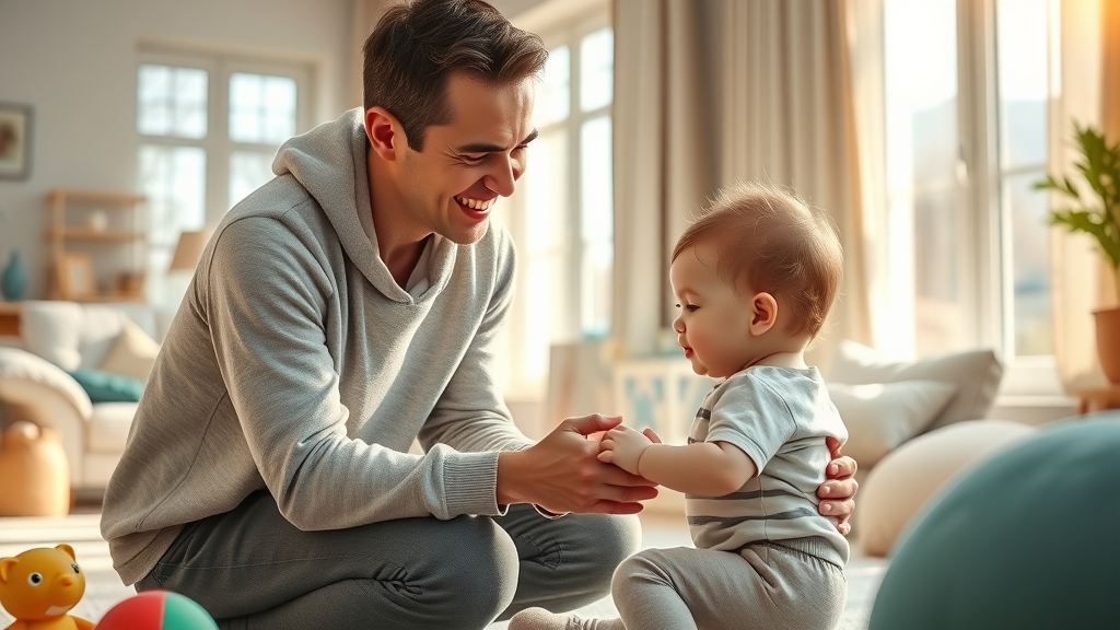 Warm, nurturing young parent interacting with a child in a cozy, modern living room with toys, sunlight, and soft earth tones, illustrating permissive parenting