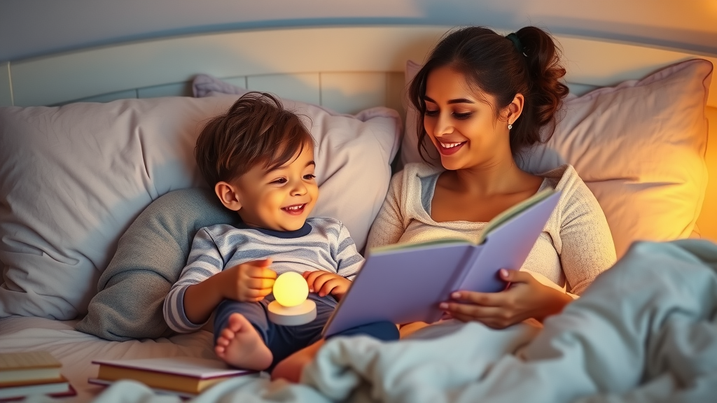 Parent and child in a softly lit bedroom, child choosing bedtime activity, permissive parenting style with a relaxed bedtime routine