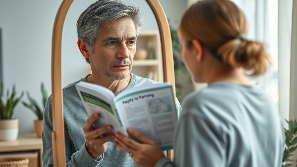 Introspective parent self-reflecting with a parenting book, considering their style in a cozy, calm home setting