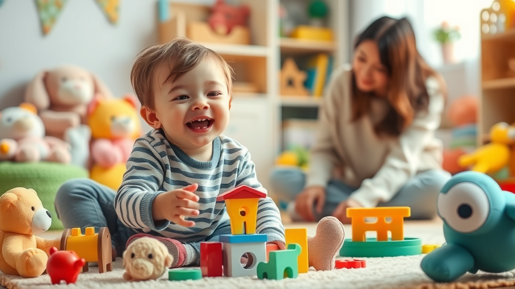 Joyful child at play in a colorful playroom, parent nearby showing permissive parenting’s emotional security and creative encouragement