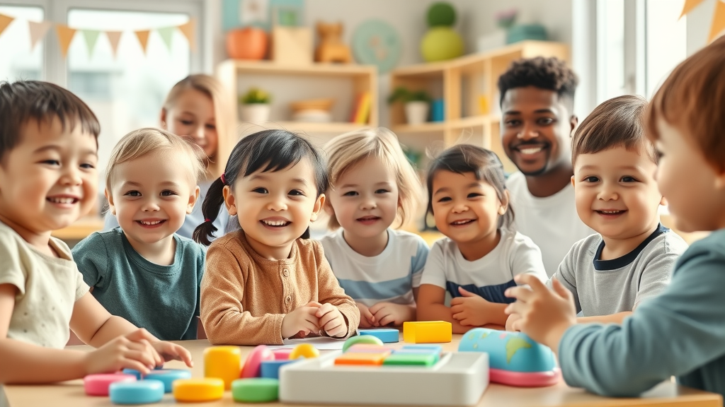 Warm, diverse group of young children in a bright classroom with educational toys and nurturing staff, natural sunlight, engaged in hands-on activities - child development