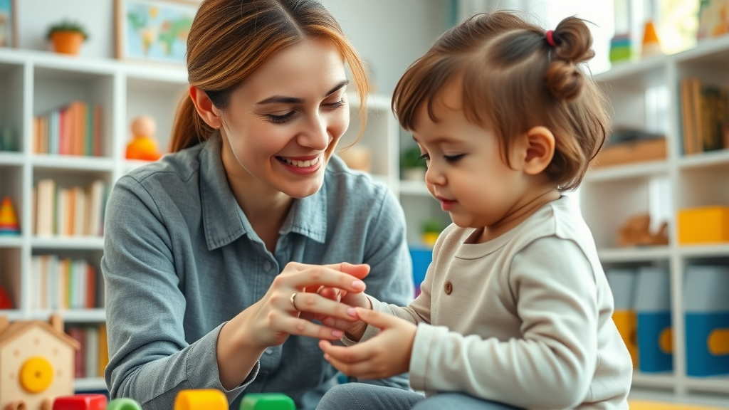Engaging teacher with toddler supporting learning in a cozy home play area with toys and soft lighting - child development
