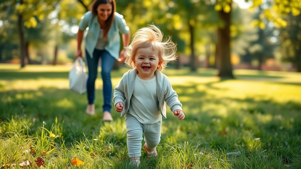Adventurous child learning to walk in a sunlit park with a supportive caregiver, vibrant nature, joyful expression - child development