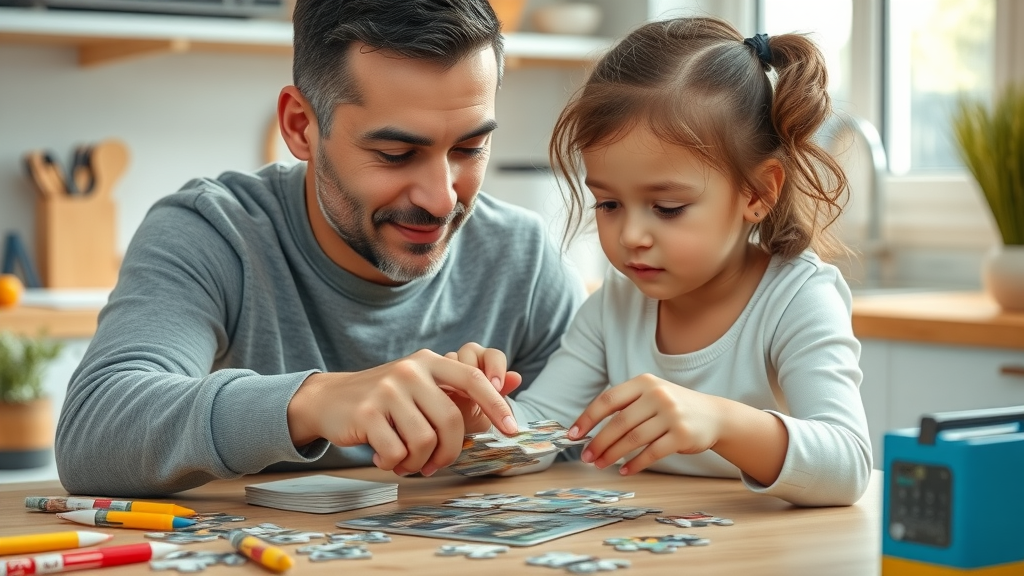 Supportive parent and child collaborating on a puzzle, warm family interaction, educational materials, soft natural light - developmental milestones child development