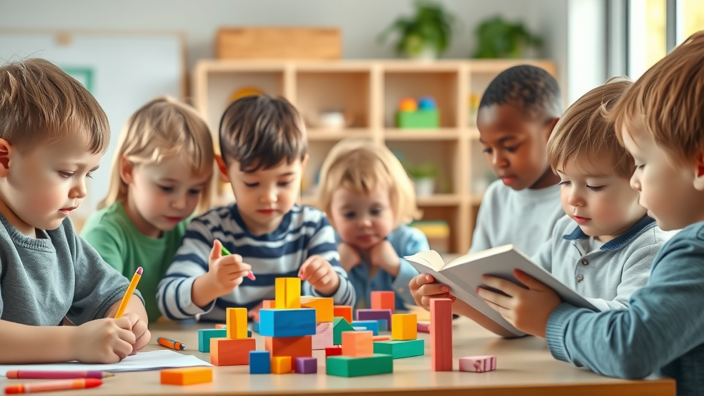 Variety of children collaborating, reading, and drawing in a modern well-lit classroom, harmonious colors - child development domains