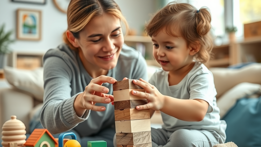 Playful caregiver helping a child stack blocks in a naturally-lit, cozy living room, warm interaction and pastel decor - supporting child development