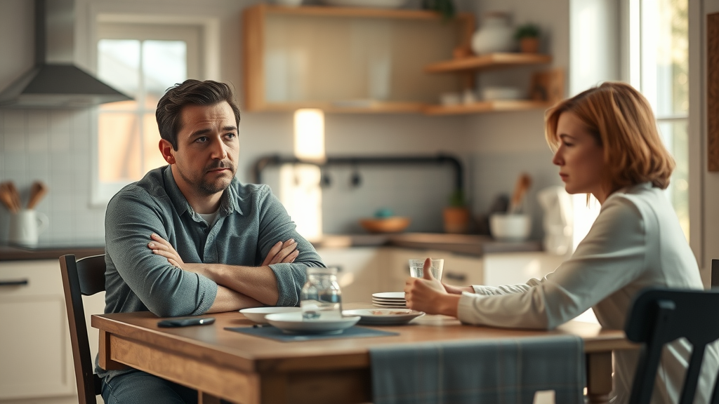 parents and a teenage child sitting in silence at a kitchen table discussing parent-child relationship issues