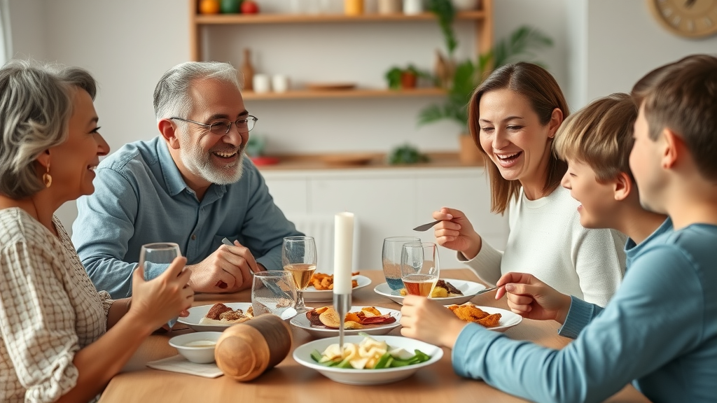 family sharing a joyful meal together as a ritual, reinforcing the importance of the parent-child relationship