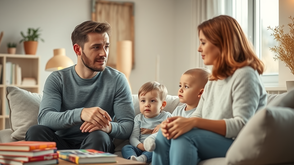 Family reflecting during consultation about parenting styles in a cozy, modern living room with warm sunlight and a spread of parenting books.