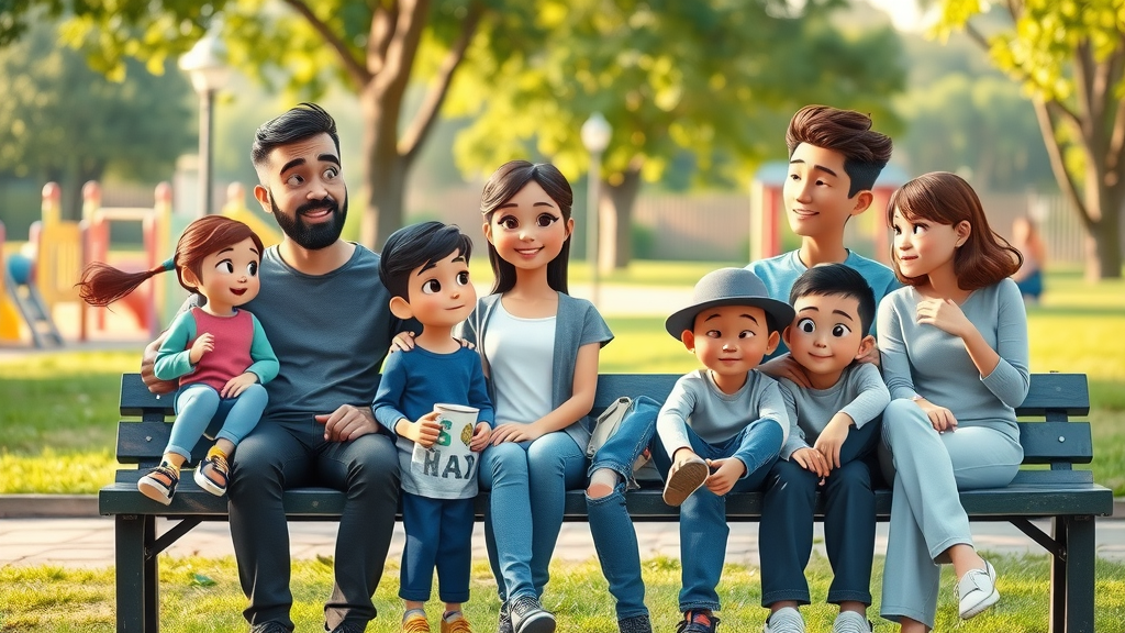 Diverse families interacting in various parenting styles, demonstrating connection and differences in a vibrant park setting.