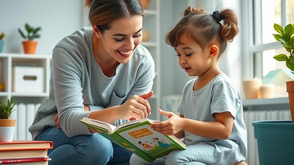 Supportive authoritative parent gently guides a curious child at eye level in a cozy, organized study space with playful learning tools.