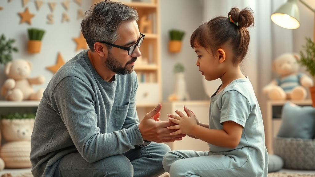 Gentle, empathetic parent kneeling and listening to child