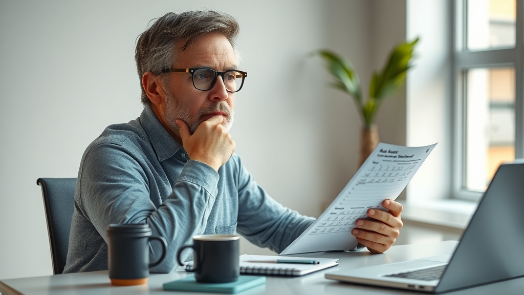 Thoughtful parent using self-assessment chart to pinpoint parenting style in a modern home office environment.