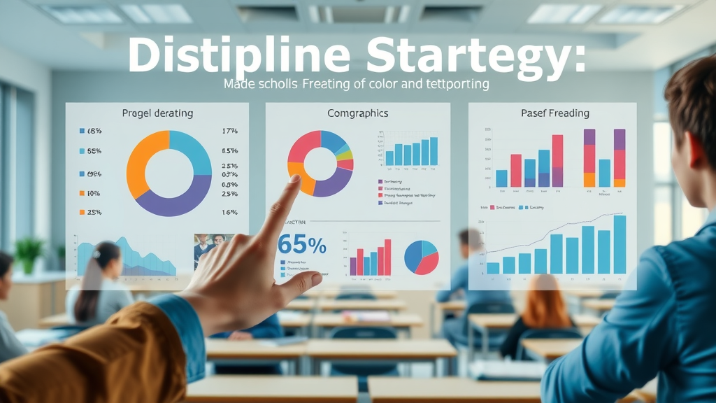 Infographic of discipline strategy statistics in a classroom setting, featuring data visualization of discipline strategies surrounded by students and teachers, with pie charts and graphs showing impact, styled photorealistically with modern classroom details and soft neutral colors.