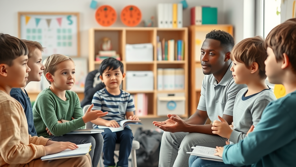Professional educator guiding a diverse group of children using discipline strategies in a bright classroom; children and an adult seated in a semi-circle, interacting with engaged expressions and calm gestures.
