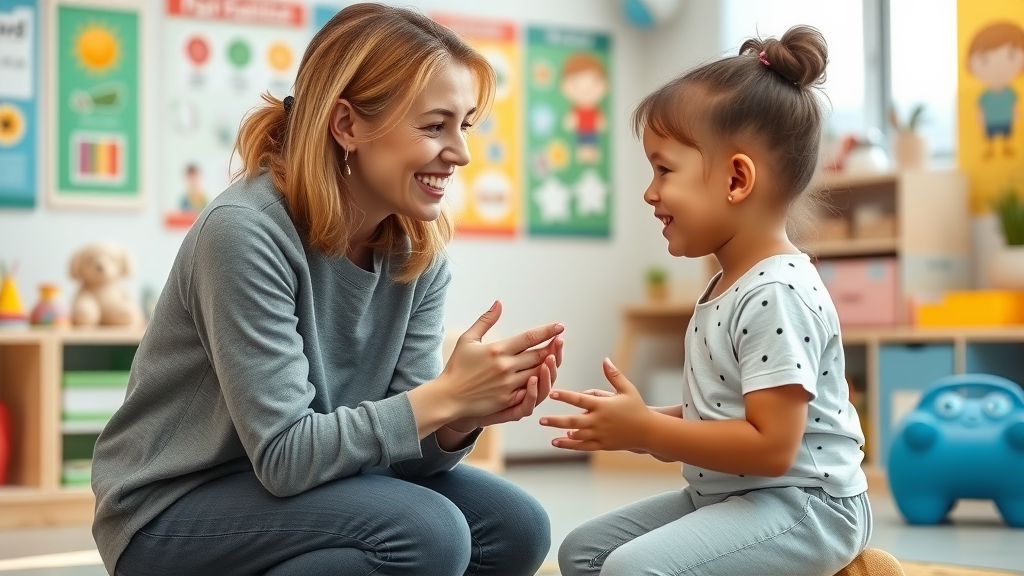 Kind teacher kneeling and speaking with a child at eye level, using positive discipline strategies in a supportive, home-like classroom environment.
