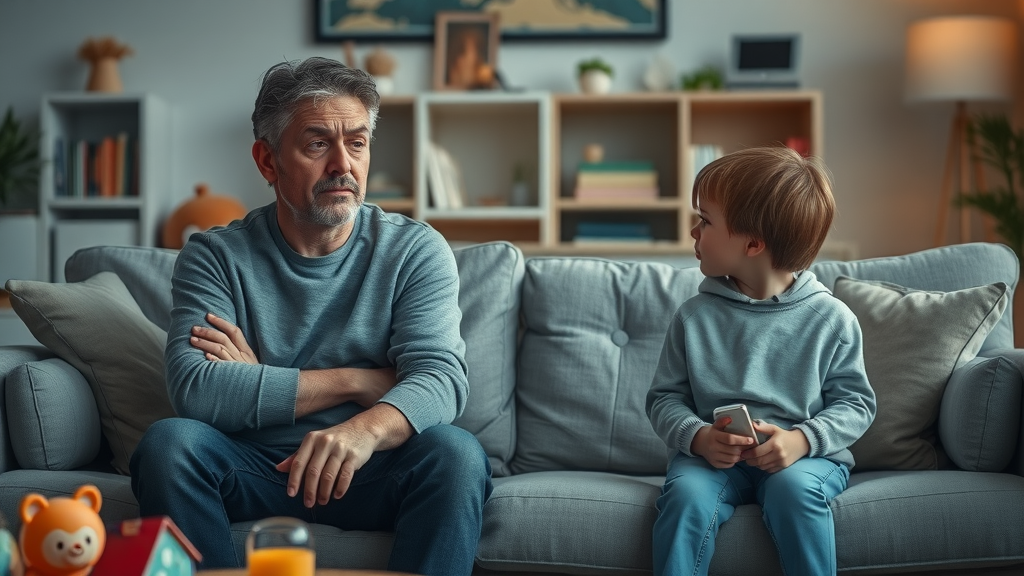 Worried parent sitting apart from a withdrawn child in a cozy living room; both appear thoughtful, illustrating emotional distance due to ineffective discipline strategies.