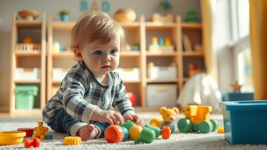 Child cleaning up toys as a logical consequence after making a mess, demonstrating attentive learning and positive discipline in a sunlit playroom.