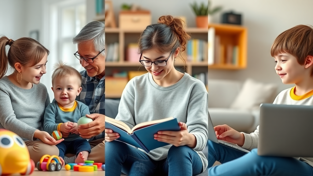 Collage of discipline strategies adapted by age: parent with toddler, teacher with school-age child, mentor with adolescent, each using age-appropriate positive discipline techniques in home or classroom settings.