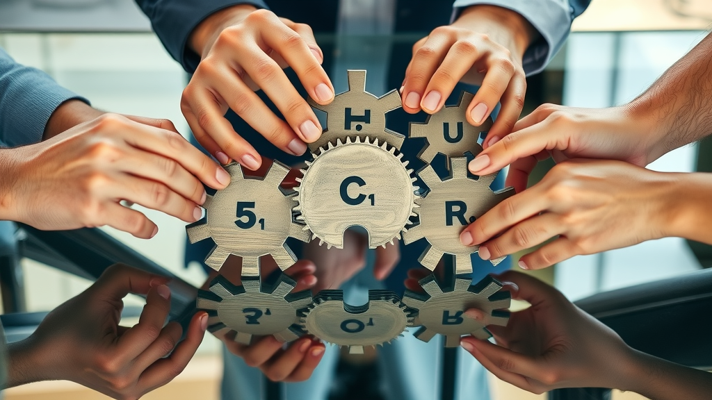 Creative metaphor: interconnected gears and puzzle pieces labeled with the 5 C’s and 5 R’s of discipline strategies, cooperative hands assembling them on a table, reflecting key positive discipline principles.