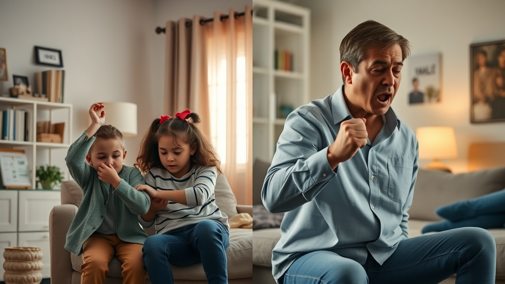 Split-scene: empowered parent using positive discipline with a child on one side, angry adult using punitive discipline on the other, clear lighting and emotional contrast present.