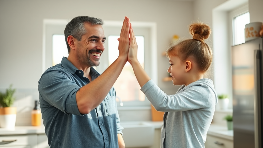 Confident parent and child high-fiving after a constructive conversation about discipline strategies in a bright, welcoming kitchen.