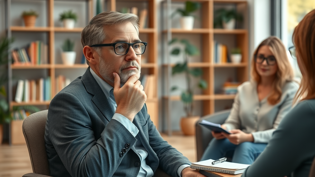 Insightful psychologist discussing emotional intelligence in parenting with attentive parents in a modern office.