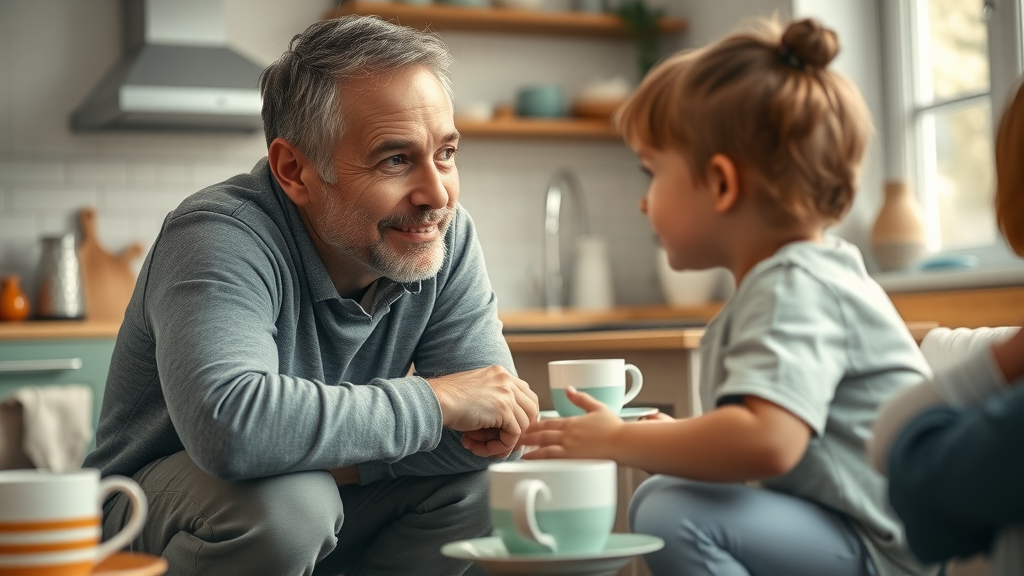 Supportive parent listening attentively to their child, demonstrating emotional intelligence in parenting in a cozy kitchen setting.