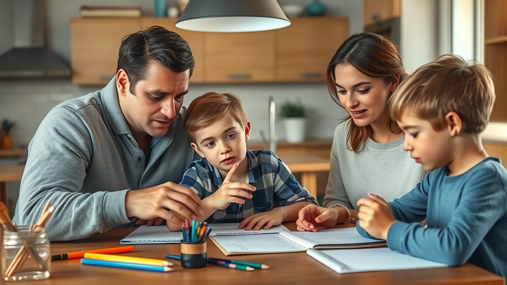 Multi-age siblings with emotionally intelligent parents, guided through a problem-solving activity at home, showing emotional intelligence in parenting across ages.