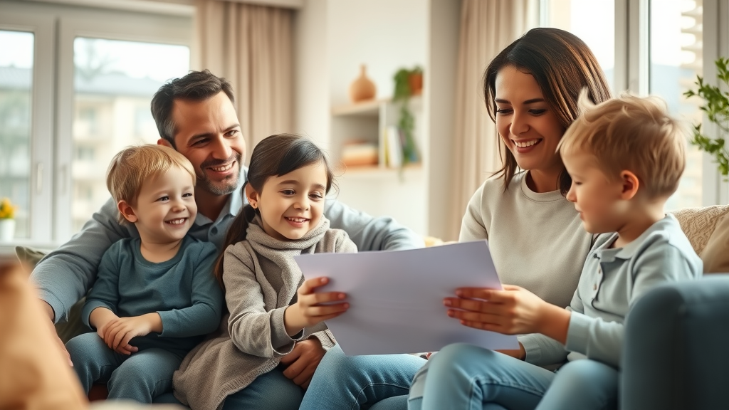 Warm, diverse family interaction in a modern living room showing parents and children engaging, highlighting the impact of parenting styles on child development