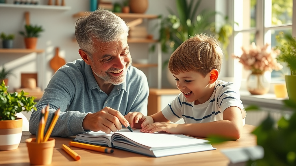 Authoritative parent guiding child with homework, highlighting positive impact on cognitive development