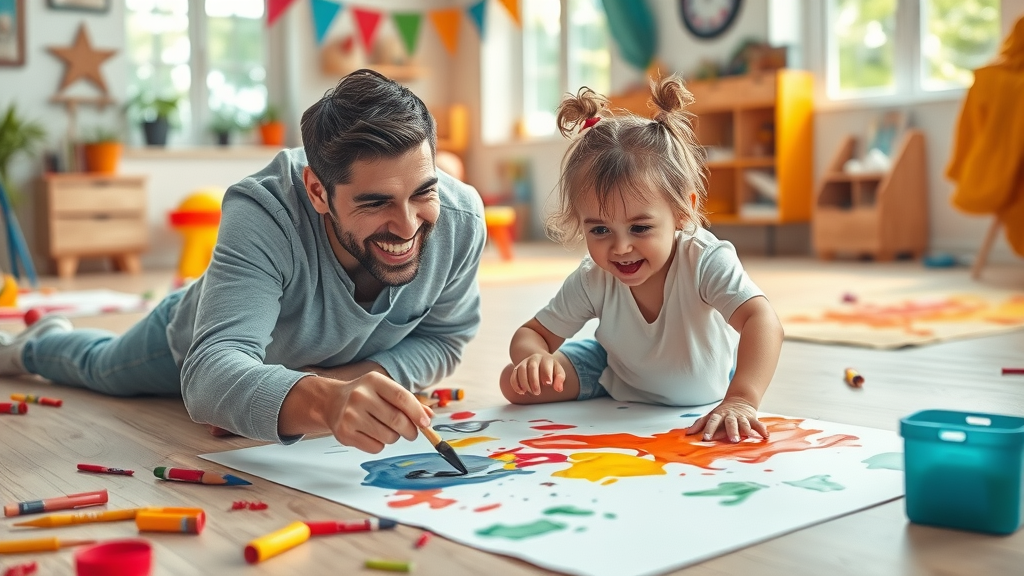 Permissive parent and child engaging in artistic play, highlighting creativity and potential pitfalls in academic performance