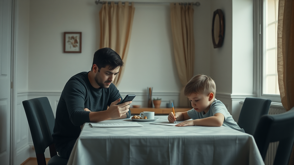 Uninvolved parent distracted on phone while child sits alone, depicting the negative impact of uninvolved parenting styles on cognitive development