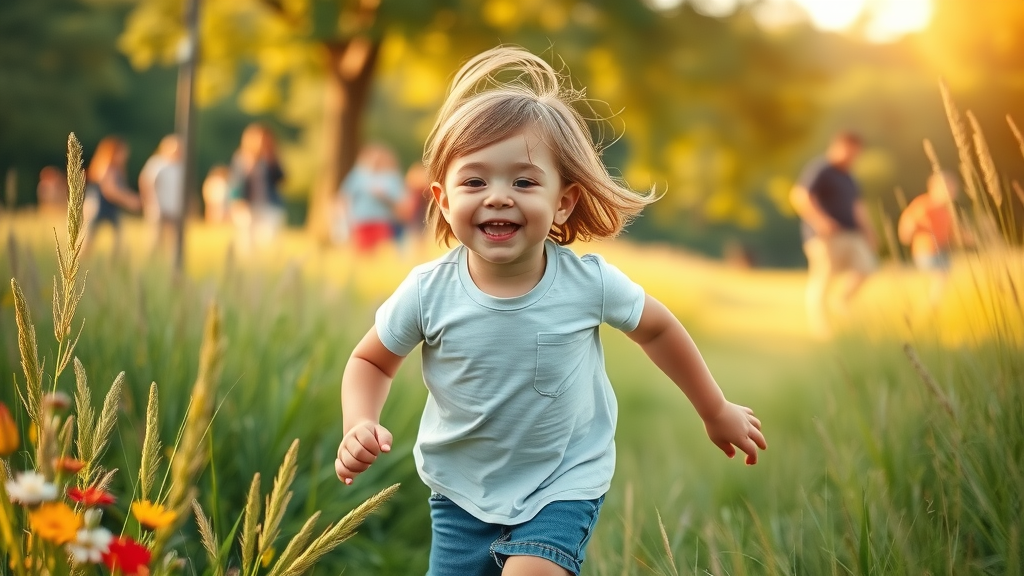 Happy, emotionally resilient child playing freely outdoors, illustrating the positive mental health impact of balanced parenting styles