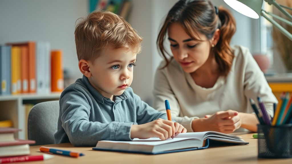 Focused child at desk with supportive parent, demonstrating how authoritative parenting style enhances academic performance and cognitive development