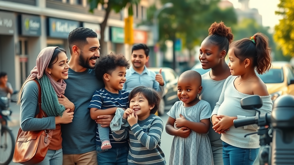 Multicultural families interacting in an urban neighborhood, showing cultural and social influences on parenting styles and child development